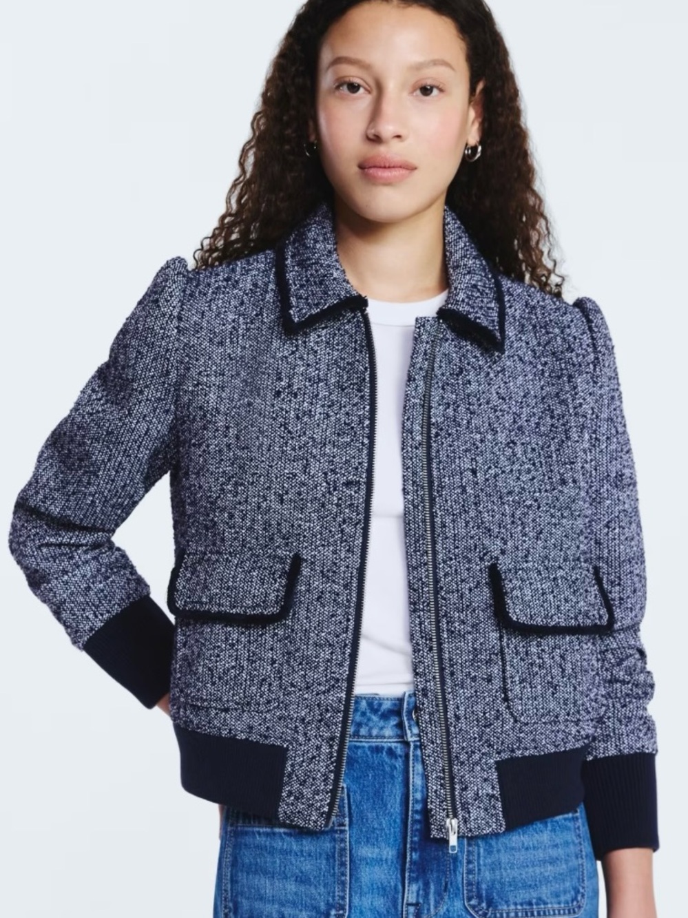 Free Assembly - Textured Navy-White Tweed Bomber Blazer